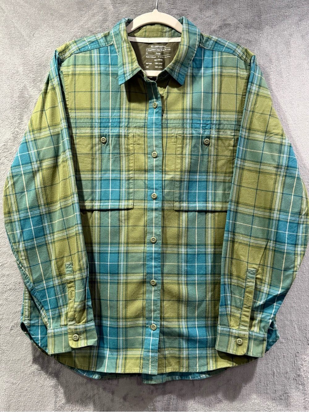 REI Co-op Mens XL 100% Cotton Green /Blue Plaid Flannel Shirt Gorpcore